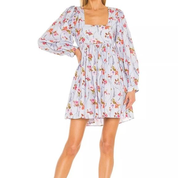 LOVESHACKFANCY Eaton Floral Blue Puff Sleeve Mini Dress Size S - Picture 12 of 14